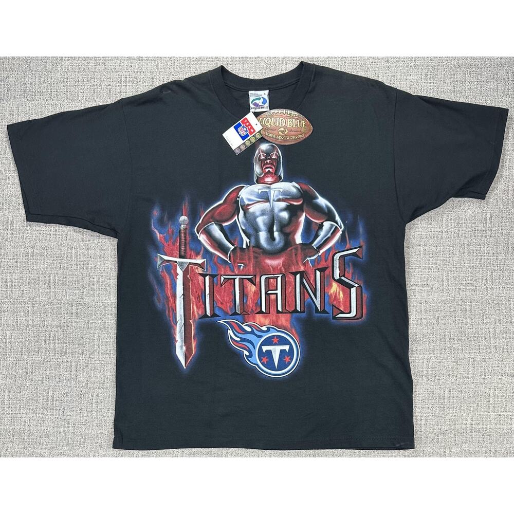 Vintage Tennessee Titans Shirt Sz Large Black NFL Football Liquid Blue Superhero